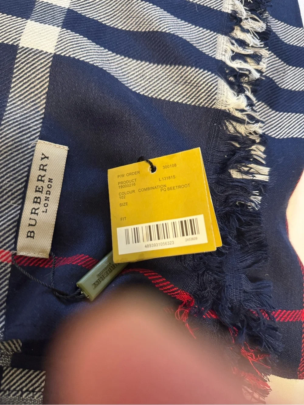 Burberry Navy Plaid Scarf with Red Accent